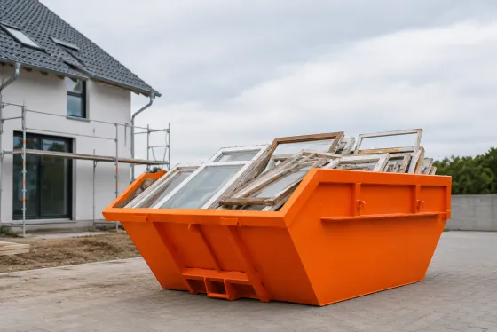 Container mit alten Fenstern und Türen
